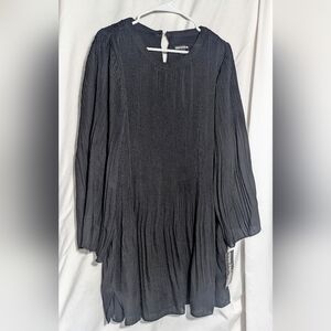 NWT NINA LEONARD Black Micro Pleated Swing Midi Dress, Long Bell Sleeves| Sz‎ XL